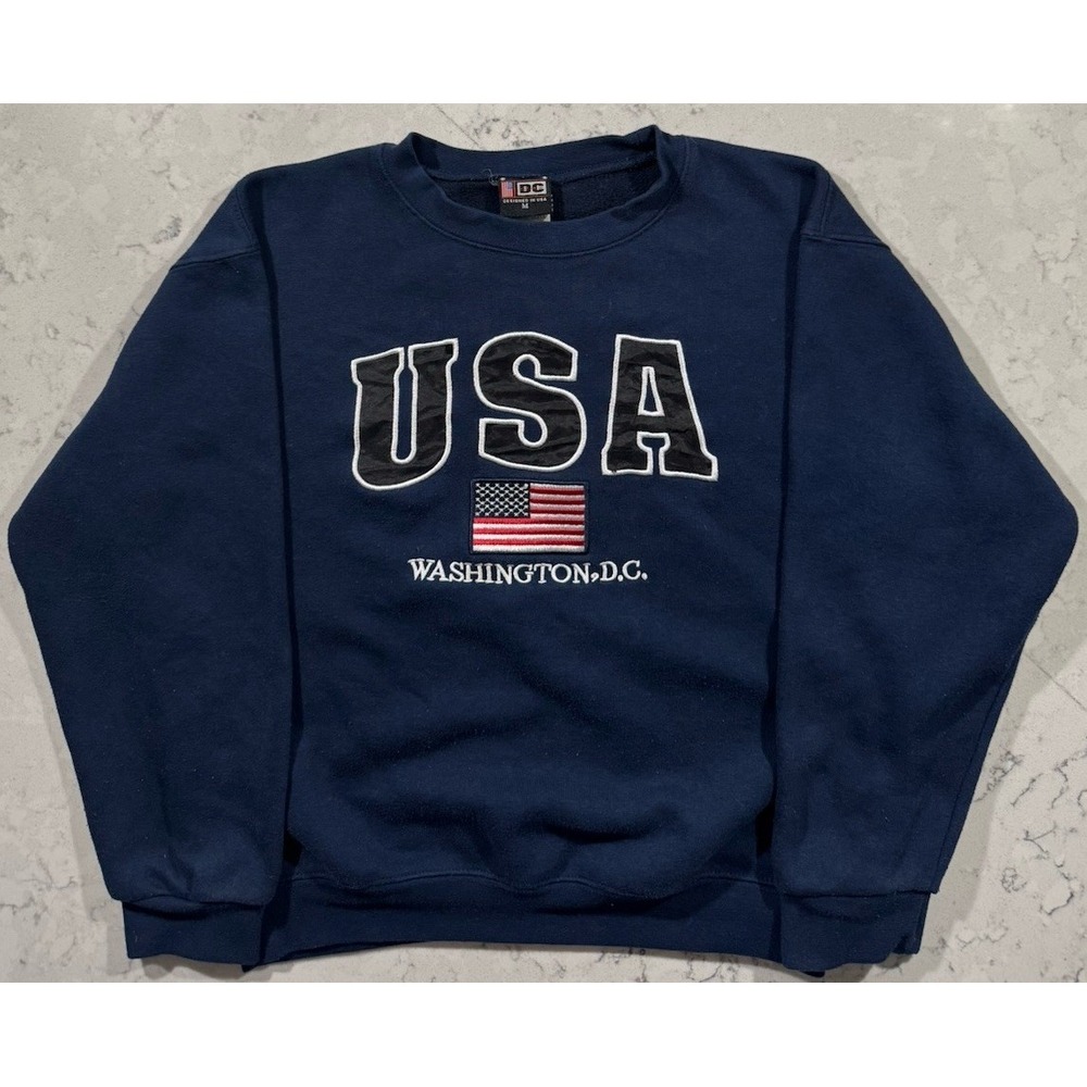 VTG Y2K USA Washington DC Sweatshirt Womens Medium Blue Embroidered Crewneck